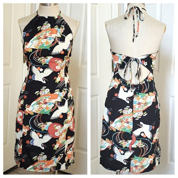 VINTAGE 90's Black Halter Dress Cutout Back Colorful Asian Motif Fan Egret Print - Picture 1 of 15